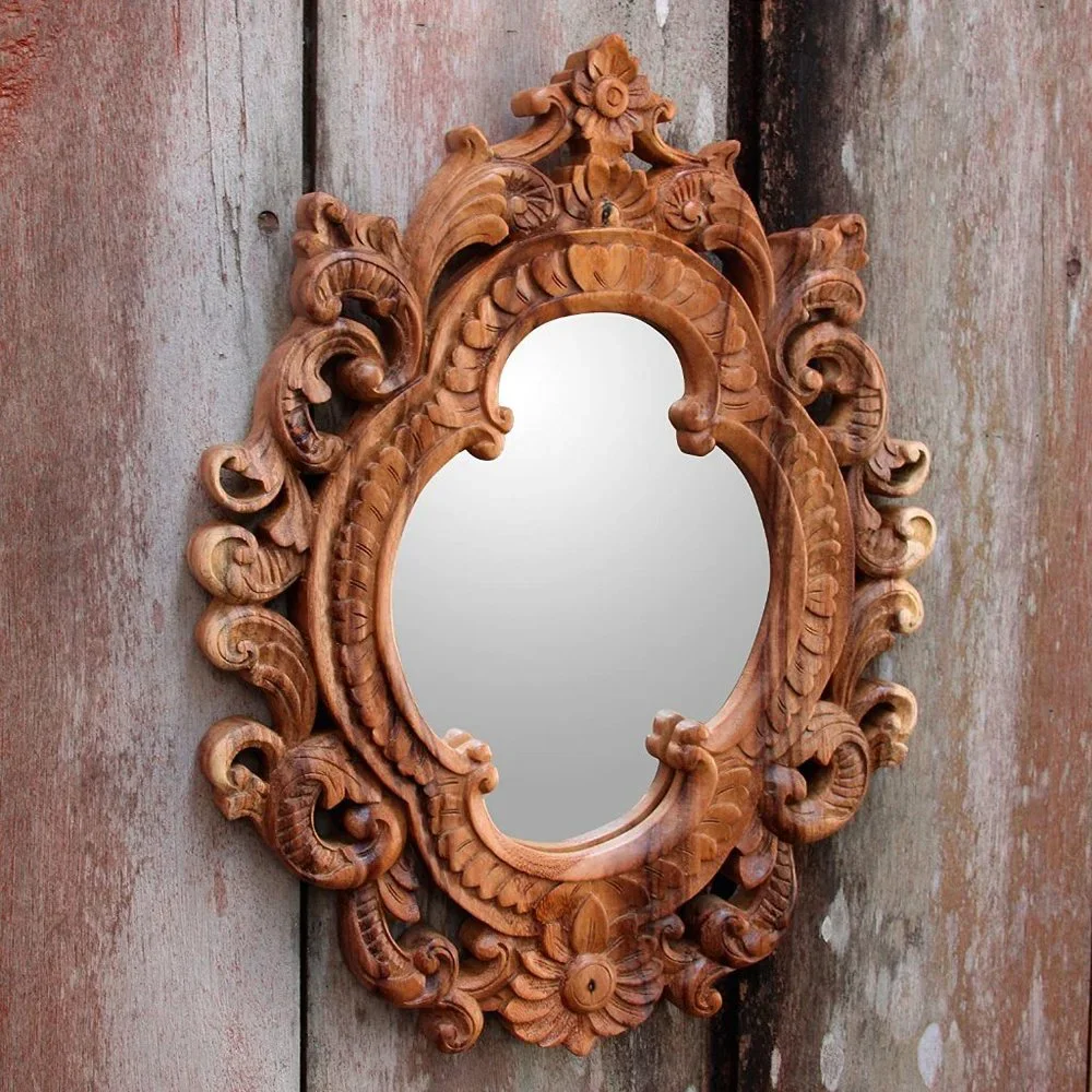 NOVICA Natural Suar Wood Hand Carved Bali Indonesia Wall Mirror